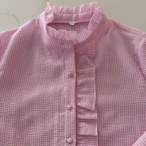 Pink Ruffled Seersucker Button-Up Blouse